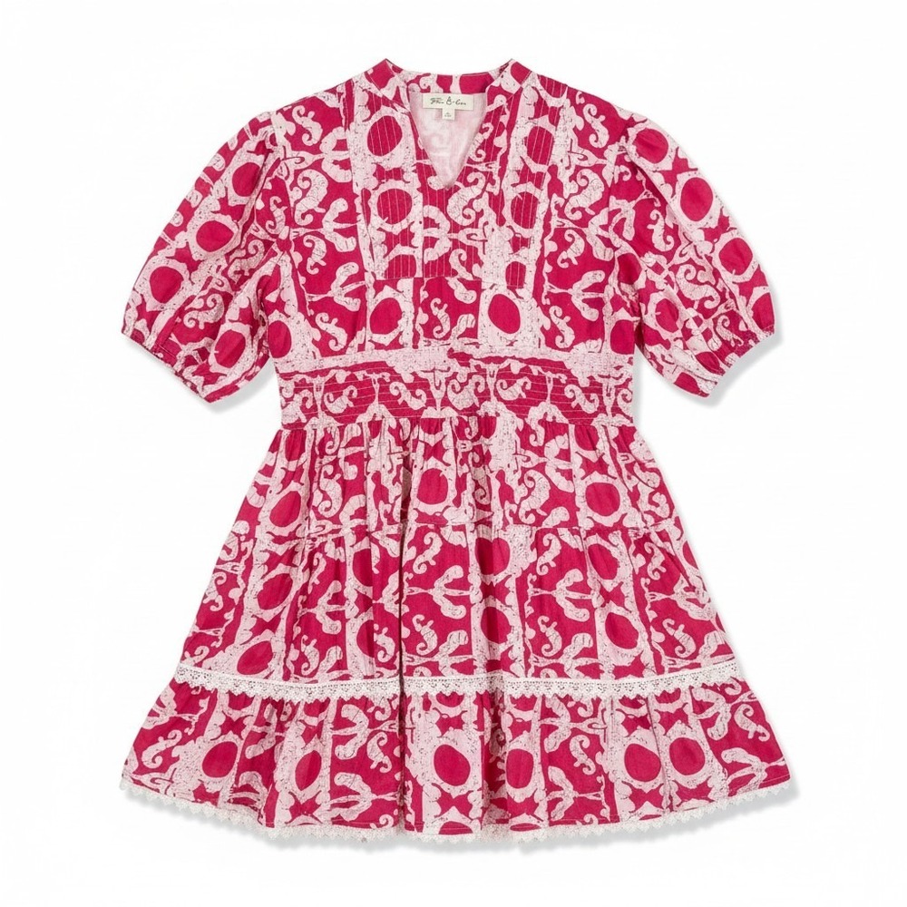 Fox & Hen Tiered Mini Dress Lace Trim Puff Sleeve Pullover Pink White V-Neck